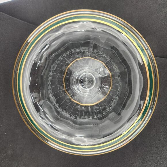 Glass Pedestal Compote Bowl Gold & Green‎ Edge Trim Flowers & Leaves Etched Band - Picture 7 of 8